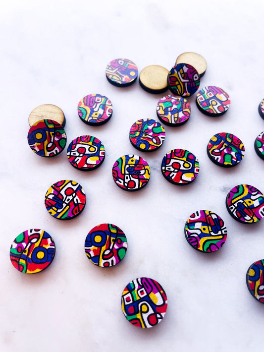 UV printed wood earring studs - 15mm circle, Abstract Art - jewellery making