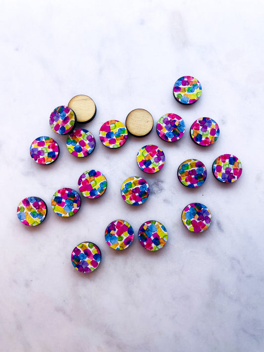 UV printed wood earring studs - 15mm circle, Watercolour - jewellery making