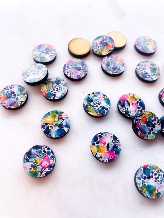 UV printed wood earring studs - 15mm circle, Watercolour - jewellery making