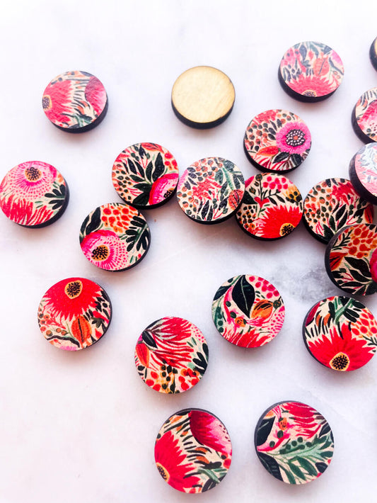 UV printed wood earring studs - 15mm circle, Bold Floral - jewellery making