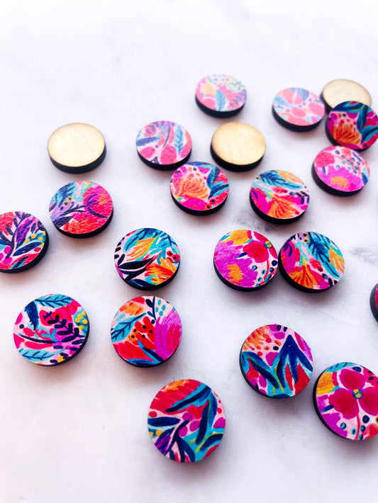 UV printed wood earring studs - 15mm circle, Bold Floral - jewellery making