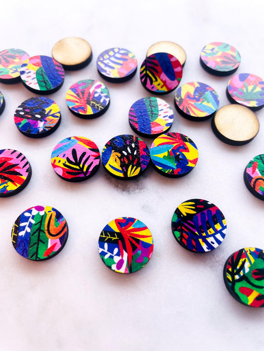 UV printed wood earring studs - 15mm circle, Bold Floral - jewellery making