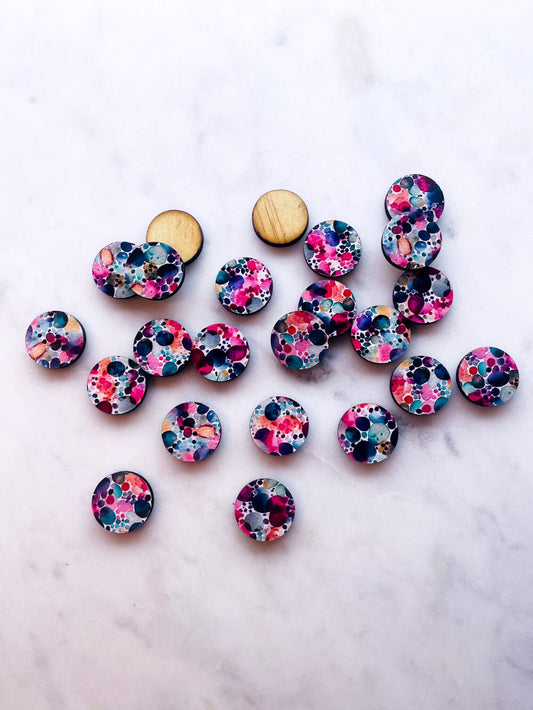 UV printed wood earring studs - 15mm circle, Watercolour - jewellery making