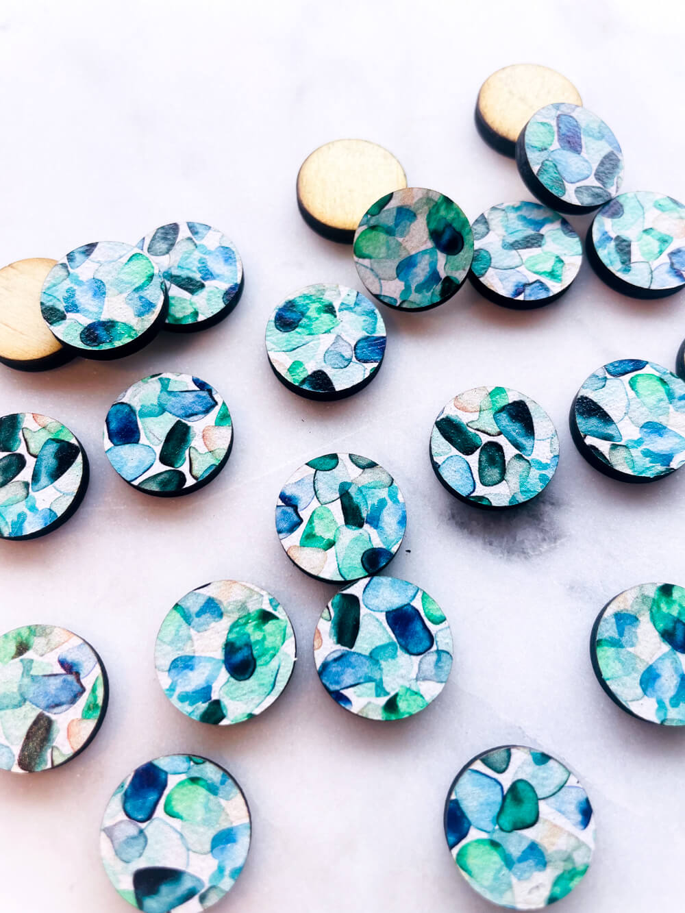 UV printed wood earring studs - 15mm circle, Watercolour - jewellery making