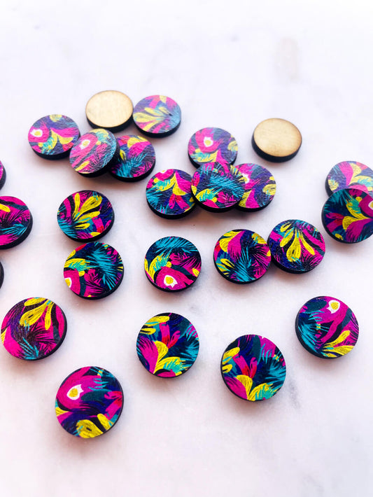 UV printed wood earring studs - 15mm circle, Summer - jewellery making