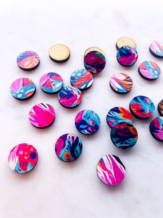 UV printed wood earring studs - 15mm circle, Abstract Art - jewellery making