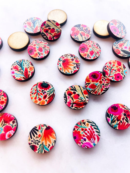 UV printed wood earring studs - 15mm circle, Bold Floral - jewellery making