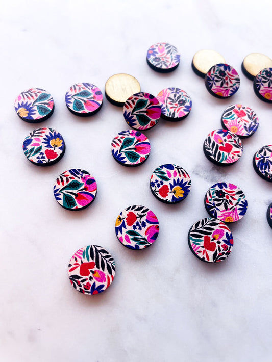 UV printed wood earring studs - 15mm circle, Bold Floral - jewellery making