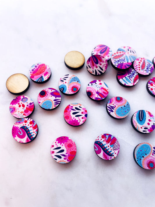 UV printed wood earring studs - 15mm circle, Bold Floral - jewellery making