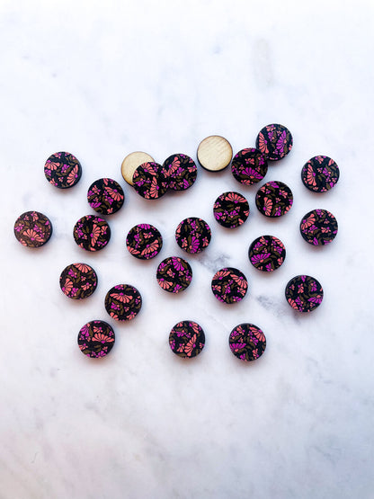 Wood - 15mm Circle- Studs - Abstract Floral - 32