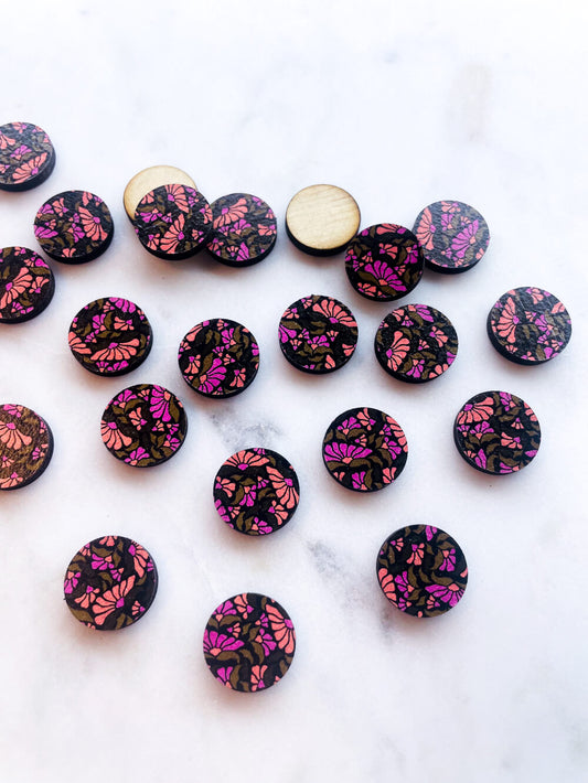 UV printed wood earring studs - 15mm circle, Abstract Floral - jewellery making