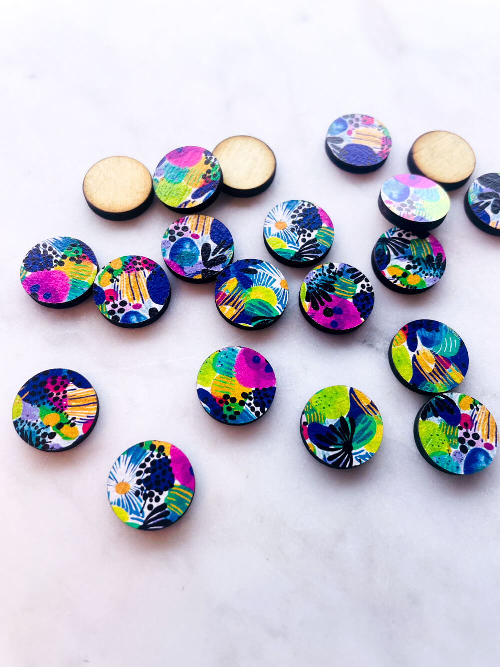 UV printed wood earring studs - 15mm circle, Summer Nights - jewellery making
