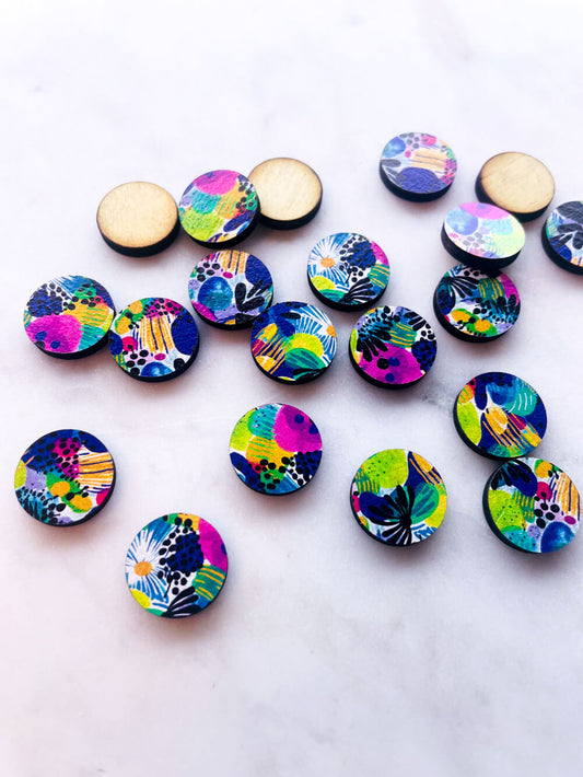 UV printed wood earring studs - 15mm circle, Summer Nights - jewellery making