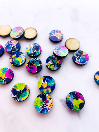 Wood - 15mm Circle- Studs - Summer Nights - 26