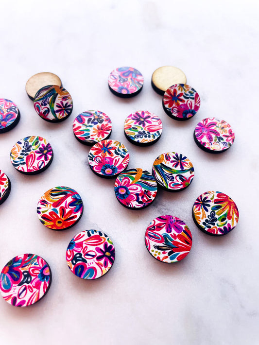 UV printed wood earring studs - 15mm circle, Bold Floral - jewellery making