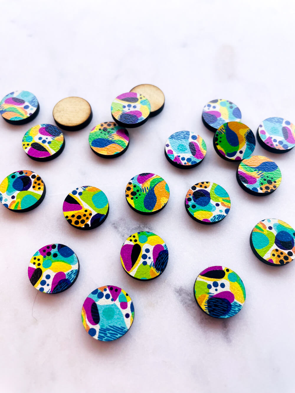 UV printed wood earring studs - 15mm circle, Summer Nights - jewellery making