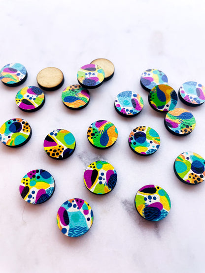 UV printed wood earring studs - 15mm circle, Summer Nights - jewellery making