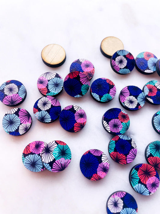 UV printed wood earring studs - 15mm circle, Abstract Floral - jewellery making