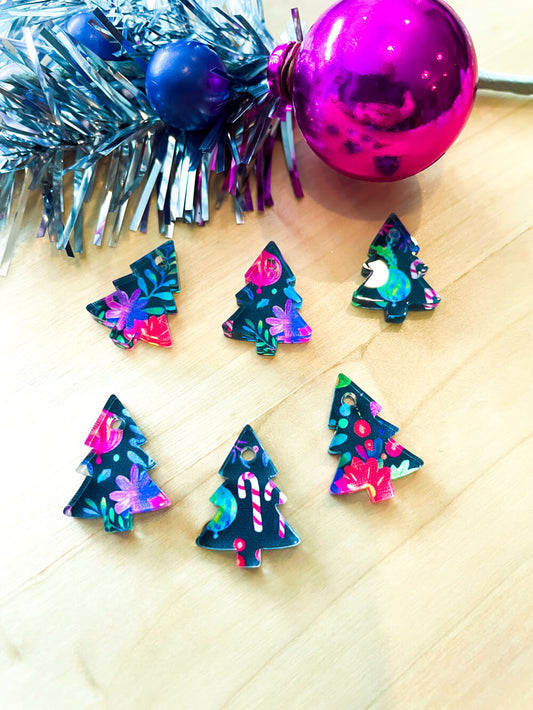 UV printed clear acrylic earring studs - 2cm tree, Christmas - jewellery making