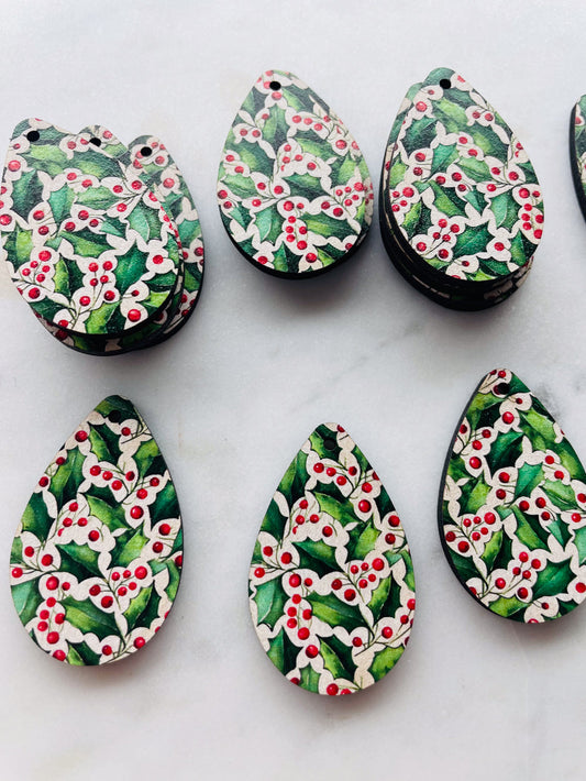 UV printed wood earring blanks - 4cm teardrop 2, Christmas - jewellery making