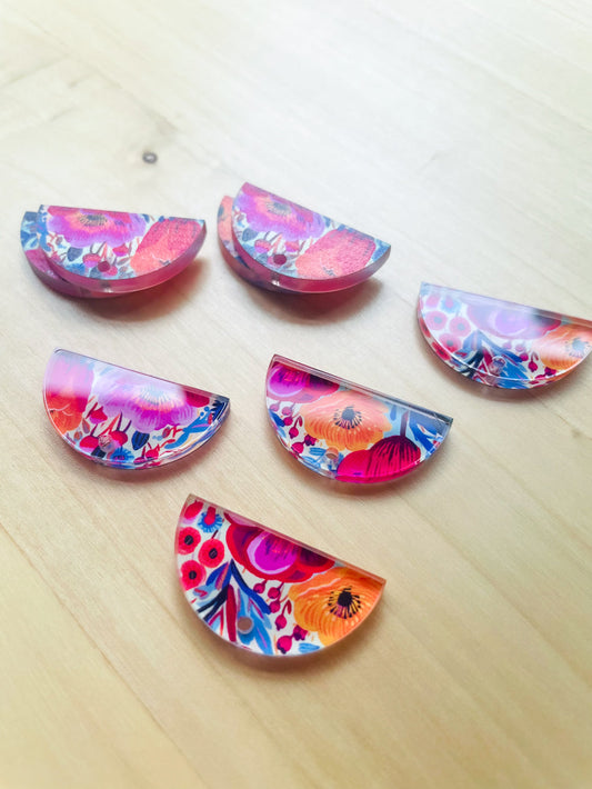 UV printed clear acrylic earring blanks - 3x1.5cm semi circle, Bold Floral - jewellery making