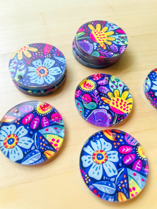 UV printed clear acrylic earring blanks - 3cm circle, Bold Floral - jewellery making