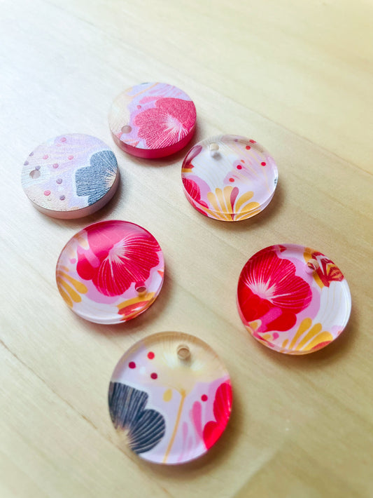 UV printed clear acrylic earring blanks - 2cm circle, Abstract Floral - jewellery making