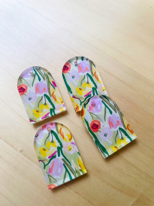UV printed clear acrylic earring blanks - 2x3cm arch, Floral garden - jewellery making