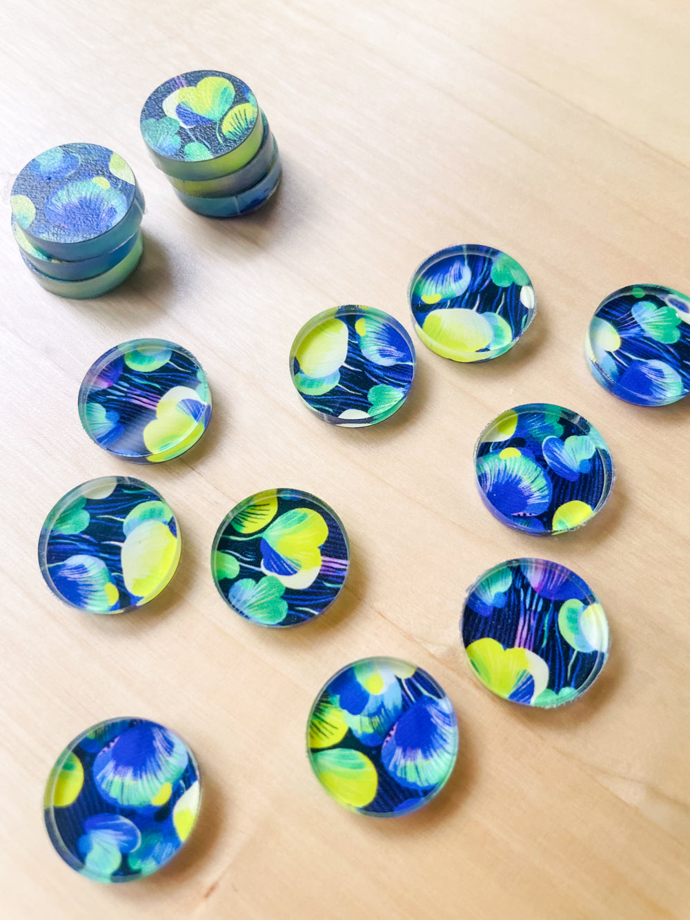 UV printed clear acrylic earring studs - 1.5cm circle, Summer Nights - jewellery making