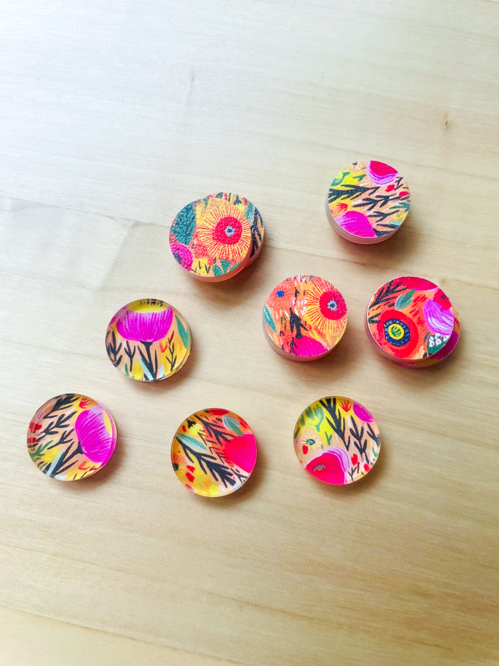 UV printed clear acrylic earring studs - 1.5cm circle, Bold Floral - jewellery making