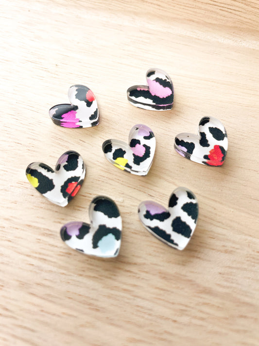 UV printed clear acrylic earring studs - 1.5cm heart 2, Leopard - jewellery making