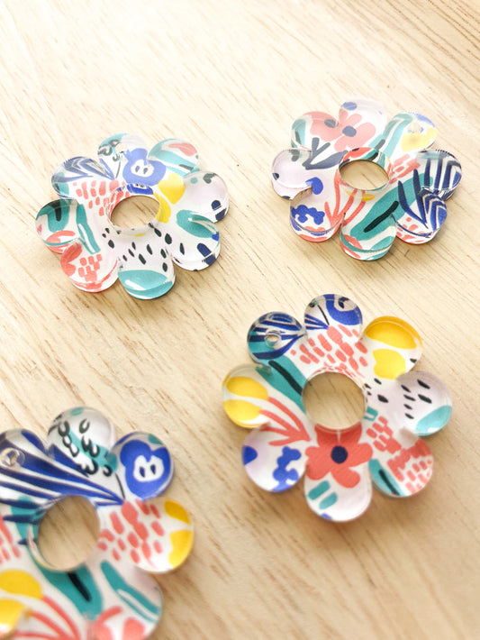 UV printed clear acrylic earring blanks - flower with large hole 3x3cm, Abstract Art - jewellery making
