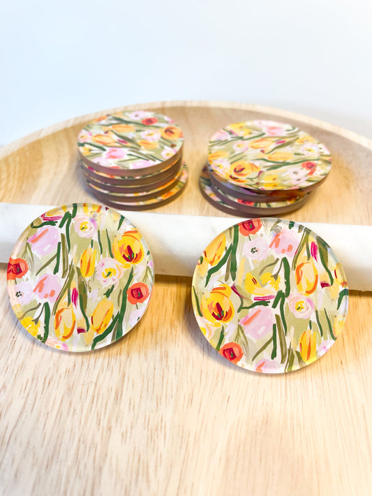 Clear Acrylic - 4cm Circle - 1 Hole - Floral Garden - 52