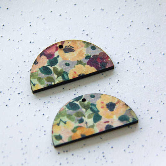 UV printed wood earring blanks - 4cm semi circle transparent print, Floral Garden - jewellery making