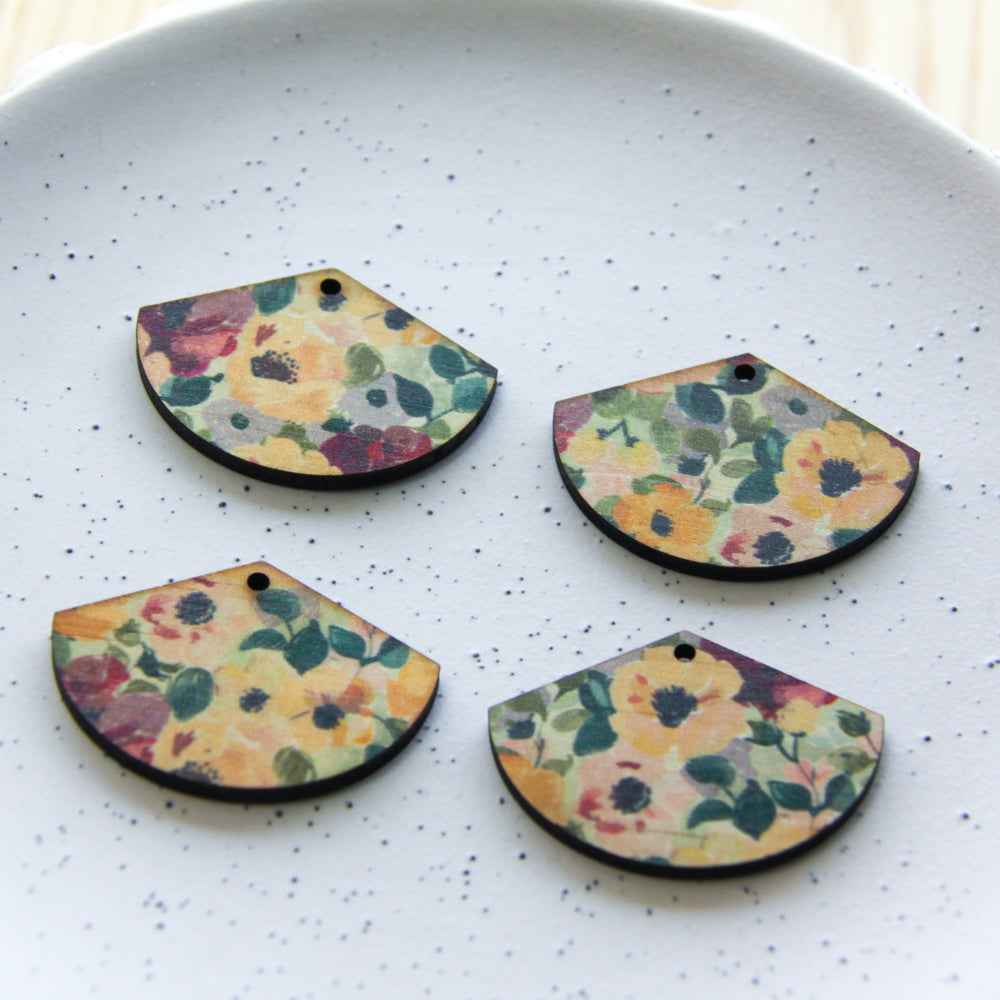 UV printed wood earring blanks - fan shape transparent print, Floral Garden - jewellery making