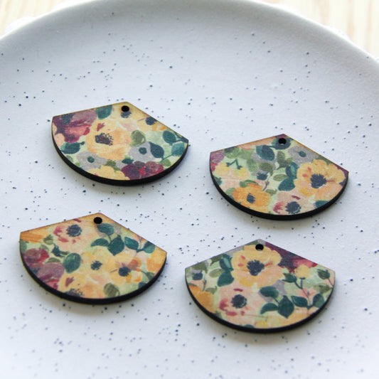 UV printed wood earring blanks - fan shape transparent print, Floral Garden - jewellery making