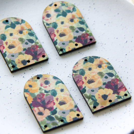 UV printed wood earring blanks - arch shape transparent print, Floral Garden - jewellery making