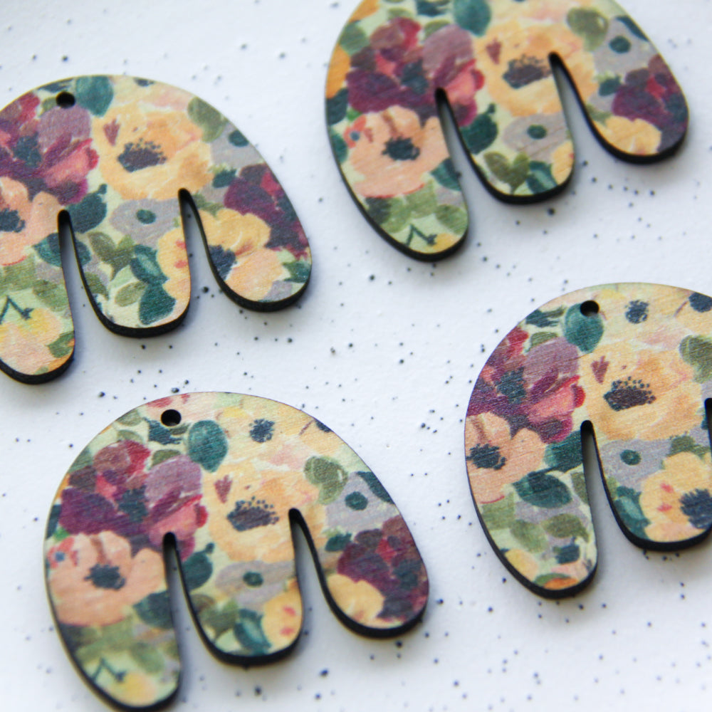 UV printed wood earring blanks - boho shape transparent print, Floral Garden - jewellery making