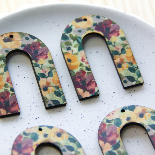 UV printed wood earring blanks - horseshoe shape transparent print, Floral Garden - jewellery making