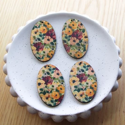UV printed wood earring blanks - oval shape natural look, Floral Garden - jewellery making