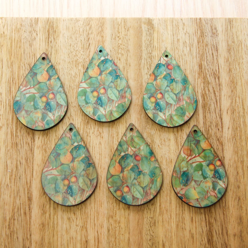 UV printed wood earring blanks - teardrop shape transparent print, Australian Native - jewellery making