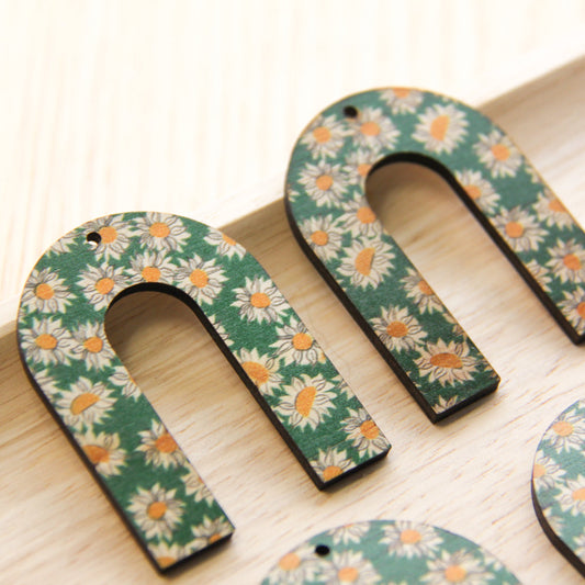 UV printed wood earring blanks - horseshoe shape natural look, Sunflower - jewellery making