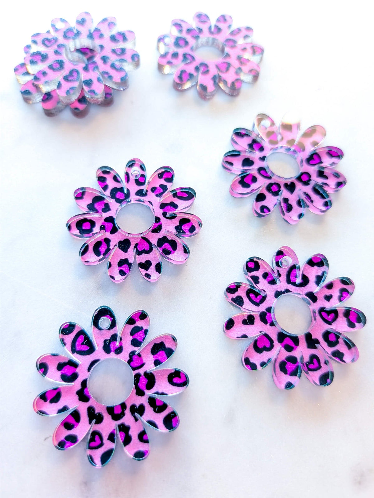 UV printed clear acrylic earring blanks - 3cm daisy with large centre hole, Leopard Heart - jewellery making