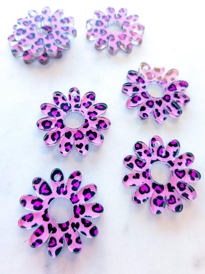 UV printed clear acrylic earring blanks - 3cm daisy with large centre hole, Leopard Heart - jewellery making