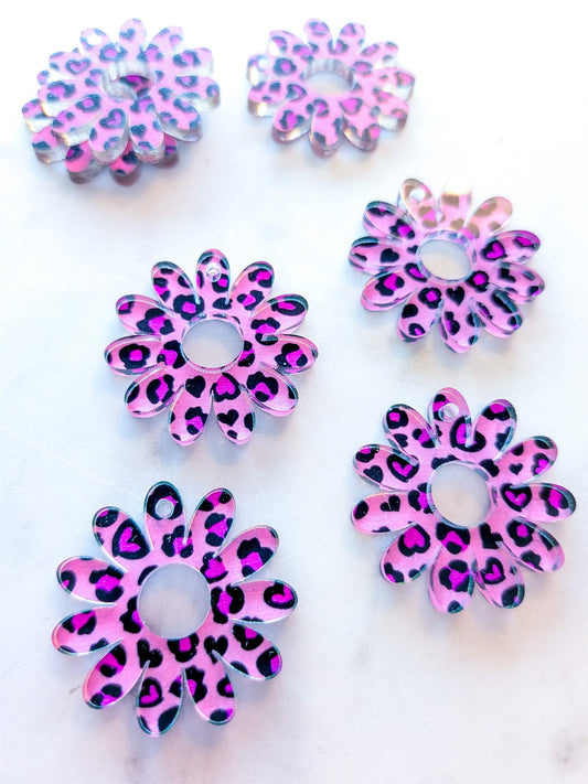 UV printed clear acrylic earring blanks - 3cm daisy with large centre hole, Leopard Heart - jewellery making