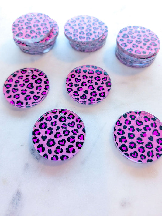 UV printed clear acrylic earring blanks - 3cm circle, Leopard Heart - jewellery making