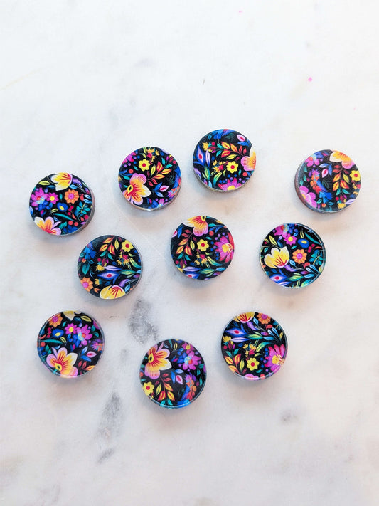 UV printed clear acrylic earring studs - 2cm circle, Mexican Floral - jewellery making