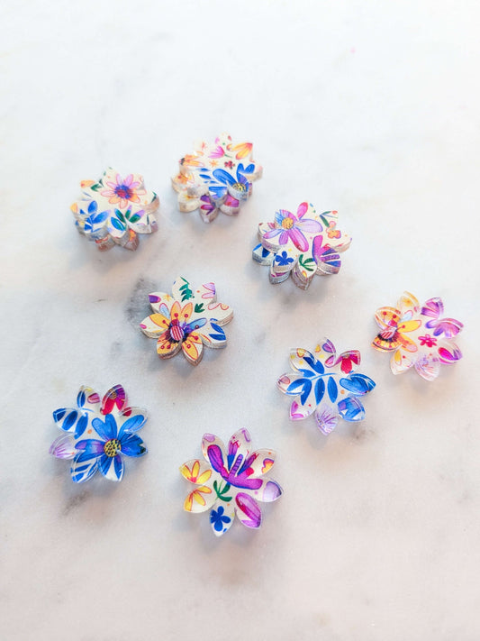 UV printed clear acrylic earring studs - 2cm flower 3, Whimsical - jewellery making