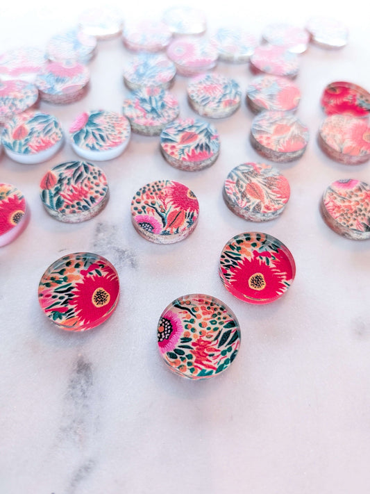 UV printed clear acrylic earring studs - 1.5cm circle, Bold Floral - jewellery making