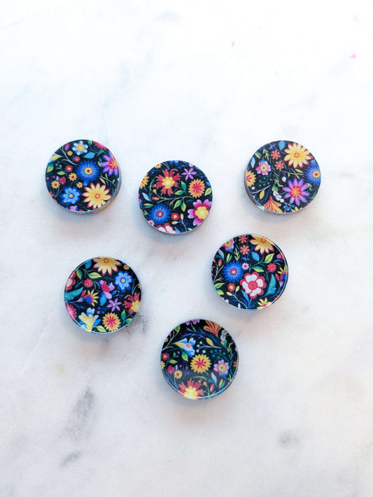 UV printed clear acrylic earring studs - 2cm circle, Mexican Floral - jewellery making
